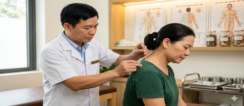 Bác sĩ tại YHCT Minh Phương đang thực hiện châm cứu bấm huyệt Tây Hồ cho bệnh nhân đau vai gáy