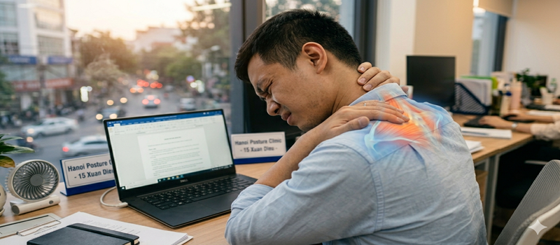 Dân văn phòng tại Xuân Diệu bị đau mỏi cổ vai gáy do ngồi máy tính sai tư thế