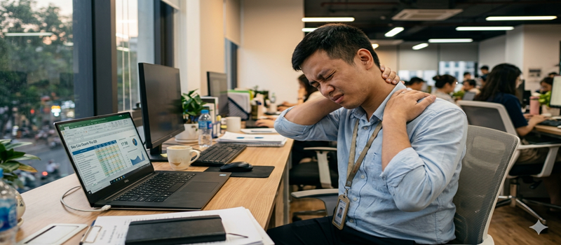 Dân văn phòng bị đau mỏi cổ vai gáy do ngồi làm việc sai tư thế