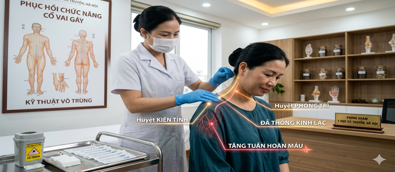 Bác sĩ thực hiện châm cứu bấm huyệt Xuân Diệu giúp phục hồi vận động cổ vai gáy