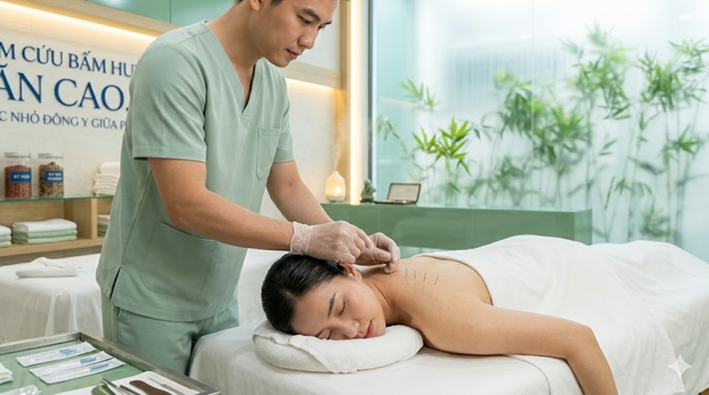 Hình ảnh nhân viên trung tâm châm cứu bấm huyệt Liễu Giai Ba Đình, đang thực hiện liệu trình giảm đau mỏi