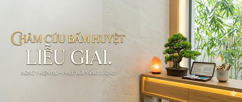 Banner thương hiệu châm cứu bấm huyệt Liễu Giai Ba Đình, sử dụng biểu tượng Đông y để tạo cảm giác kín đáo và phục hồi