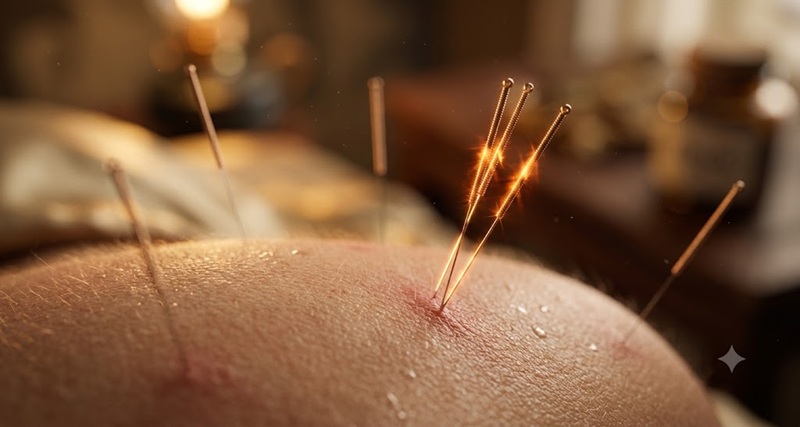 Cận cảnh kim châm cứu trong không gian trị liệu Đông y