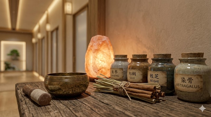 Chi tiết trang trí lọ thảo dược và dụng cụ trị liệu đông y truyền thống