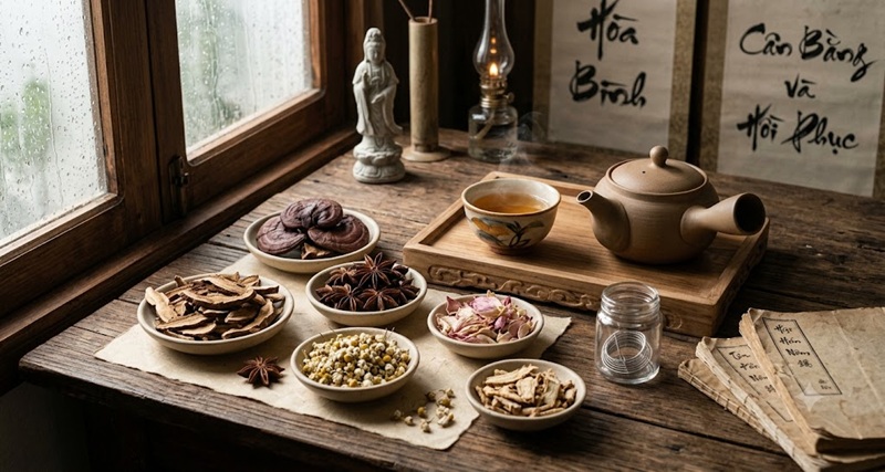 Góc trà thảo dược thư giãn tại không gian Đông y Kim Mã
