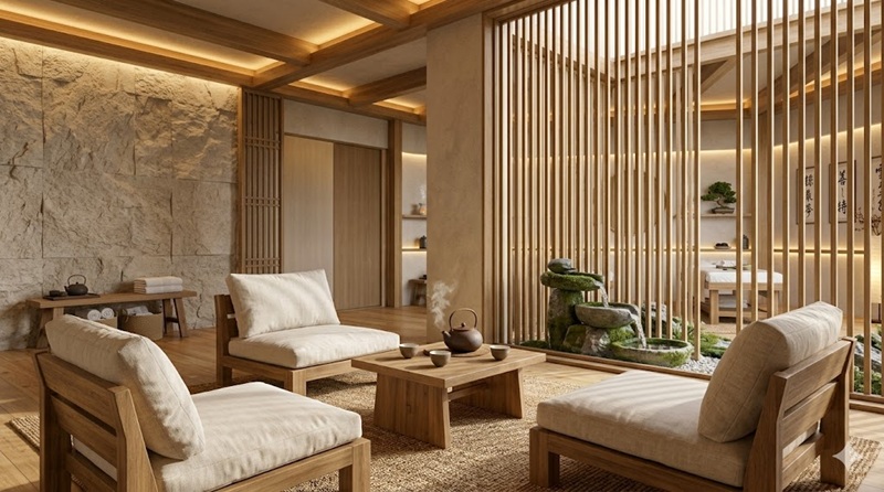 Sảnh chờ thư giãn phong cách đông y hiện đại dành cho khách hàng
