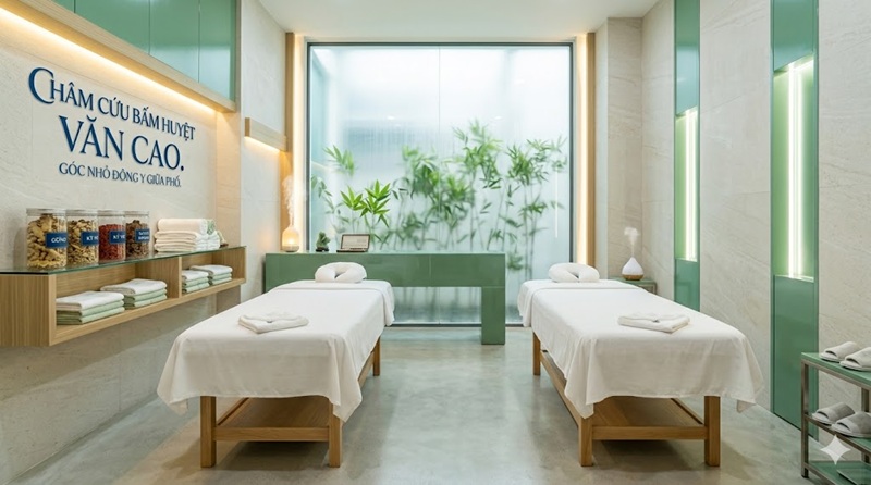 Phòng khám châm cứu bấm huyệt Văn Cao thiết kế tông màu xanh ngọc bích mát mẻ sạch sẽ