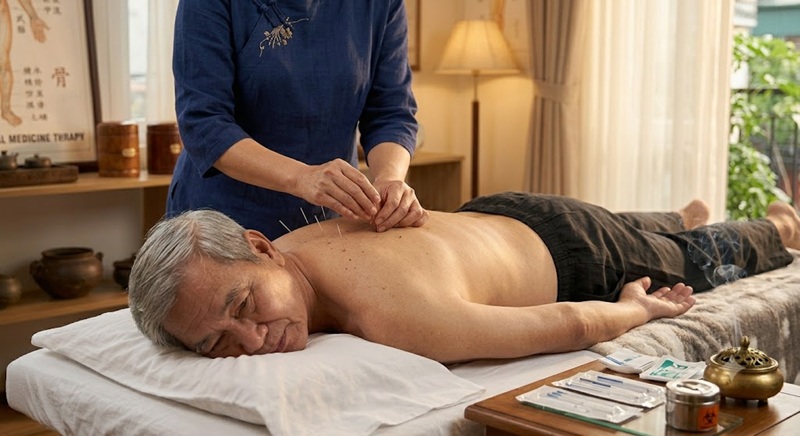 Kỹ thuật viên thực hiện châm cứu Đông y