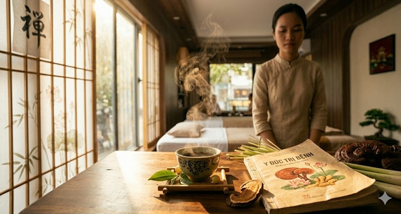 Không gian trà thảo dược thư giãn theo phong cách Đông y tại Giảng Võ