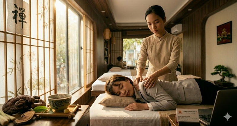 Hình ảnh trị liệu bấm huyệt tại không gian Đông y hiện đại Giảng Võ