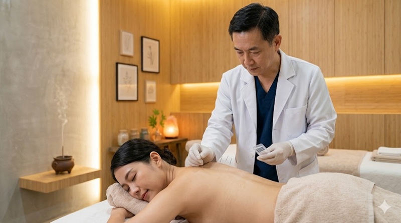 Bác sĩ thực hiện liệu trình châm cứu bấm huyệt Liễu Giai chuyên nghiệp