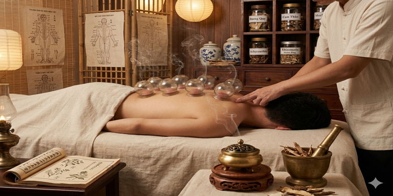 Giác hơi giảm căng cơ Châm Cứu Bấm Huyệt Đinh Tiên Hoàng